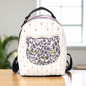 Luv Betsy Johnson Leopard Cat Quilted Pink Backpack Black Strap Top Handle 12x10